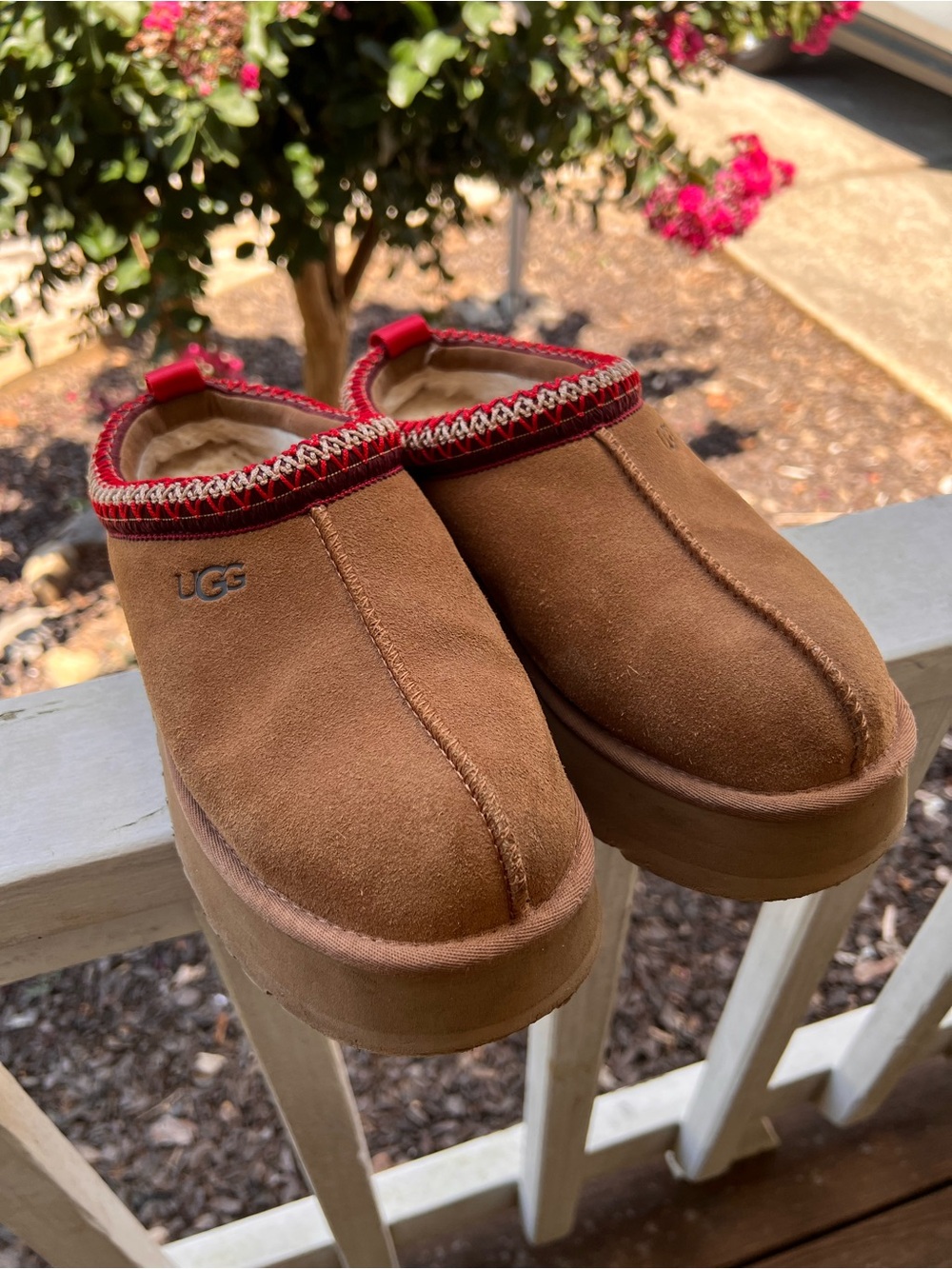 UGG Chestnut Suede Slip-On Clogs with Red Trim, Women’s size 9/EU40